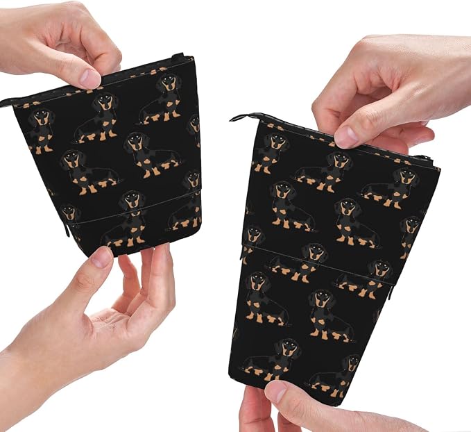 Dachshund Weiner Pet Dogs Print Pencil Case Bag, Telescopic Pen Holder, Standing Stationery Pouch, Cute Organizer for Office, Makeup, Cosmetics
