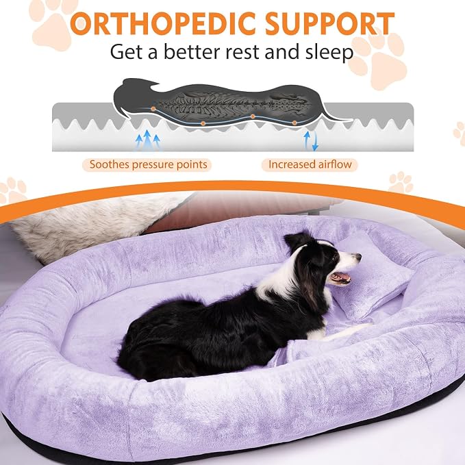 Human Dog Bed,71"x45"x14" Human Size Giant Dog Bed for Adults and Pets,Washable Faux Fur Cover Napping Orthopedic Bean Bag Bed for Humans with Blanket and Pillow,Purple