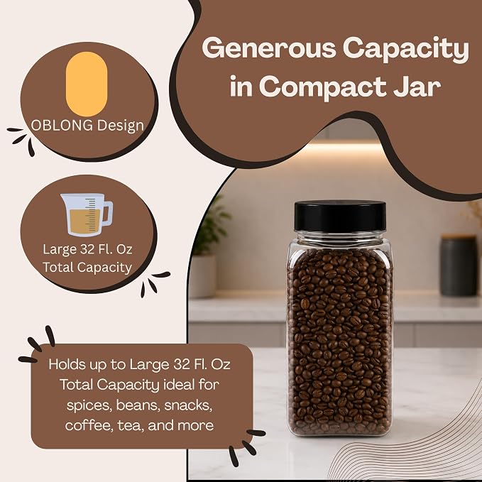 Pride Of India 32 Fl Oz Clear Spice Jar with Dual Opening Lid | Food Grade PET Plastic Oblong Jar | Reusable Organizer for Spices, Herbs, Coffee, Nuts, Snacks & Pet Treats | | 3-4 Cup Capacity