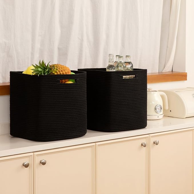 OIAHOMY 2 PACK Cube Storage Bin 13 Inch Collapsible Storage Cube Black | Cube Storage Organizer Storage Bins for Shelves Baskets for Organizing Woven Rope Storage Baskets