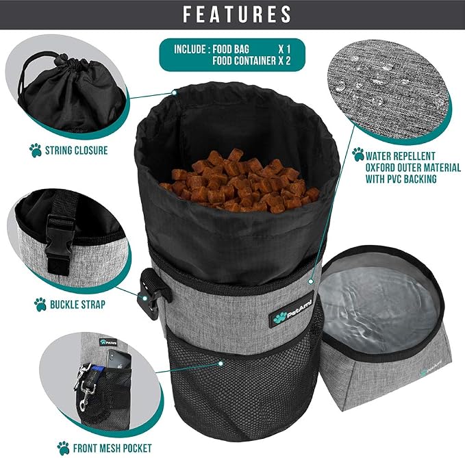 PetAmi Travel Dog Food Bag with 2 Collapsible Bowls Waterproof Dog Kibble Storage & Foldable Food Water Bowls for Dogs & Cats, Hiking & Camping (Heather Grey)