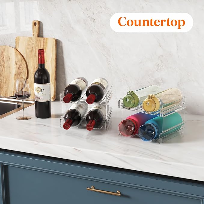 Lifewit Stackable Wine Rack for Cabinet, Plastic Refrigerator Wine Holder | Clear Water Bottle Storage Rack for Fridge Shelf, Tumbler Cup Organizer Holds 4 Bottles for Countertop, Kitchen Organization