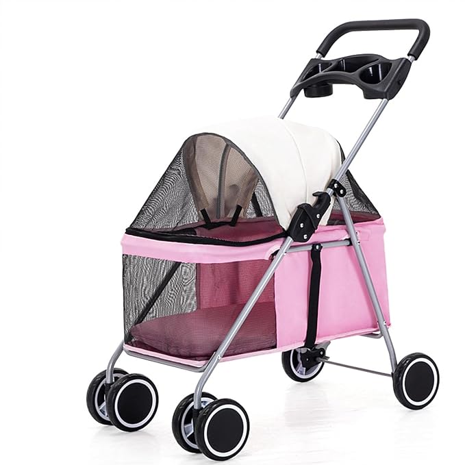 Outdoor Portable Foldable 4-Wheel Pet Cart for Small,Medium-Sized Dogs and Cats with Cup Holder,Travel Pet Small Lightweight Cart (Pink)