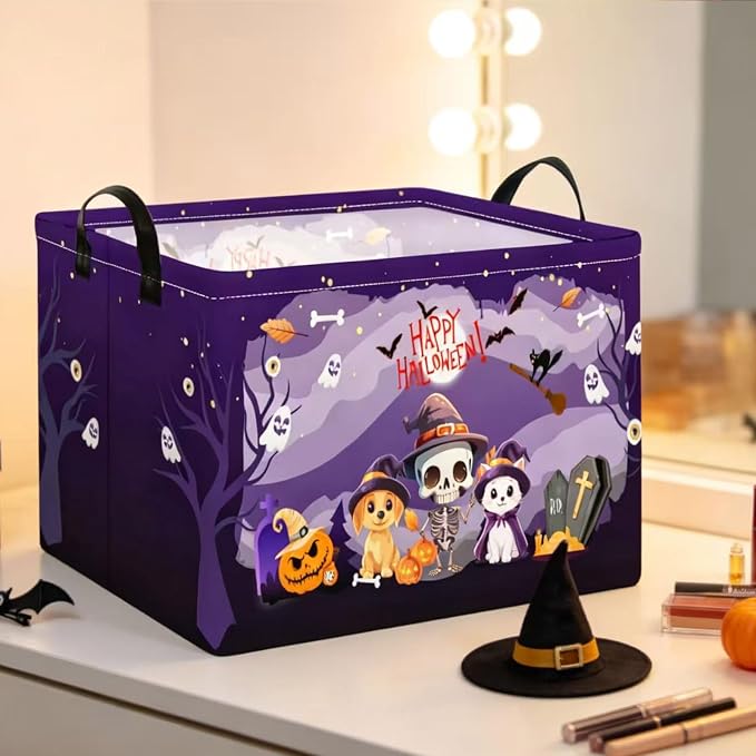 Purple Spooky Night Halloween Basket with Kitten Puppy Ghost Prints,Trick or Treat Storage basket for Gifts and Party Stuffers(Kitten Puppy Skeleton)