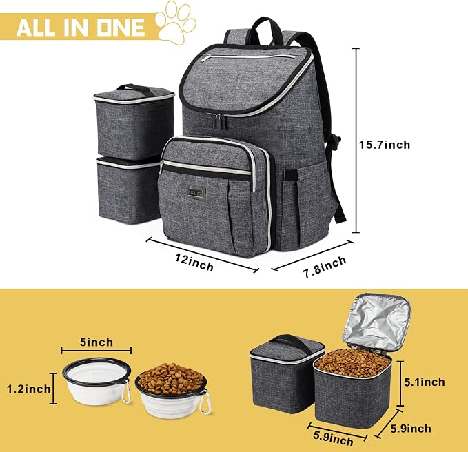 BAGLHER Travel Dog Backpack - Detachable Travel Dog Food Container for Pet Supplies Dog Gear Backpack,Dog Bag for Traveling with 2 Silicone Collapsible Bowls and 2 Food Baskets Grey