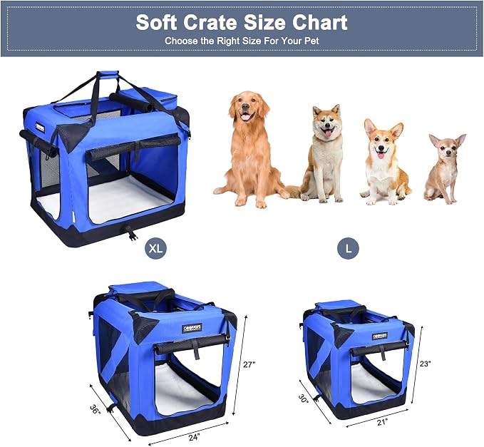 Jespet 3 Door Soft Dog Crates Kennel for Pets, Folding Travel Pet Carrier | 3 Mesh Doors 36'' Dog House, Large Pocket, Easy to Install, Steel Frame, Removable Crate Pad, For Indoor & Outdoor