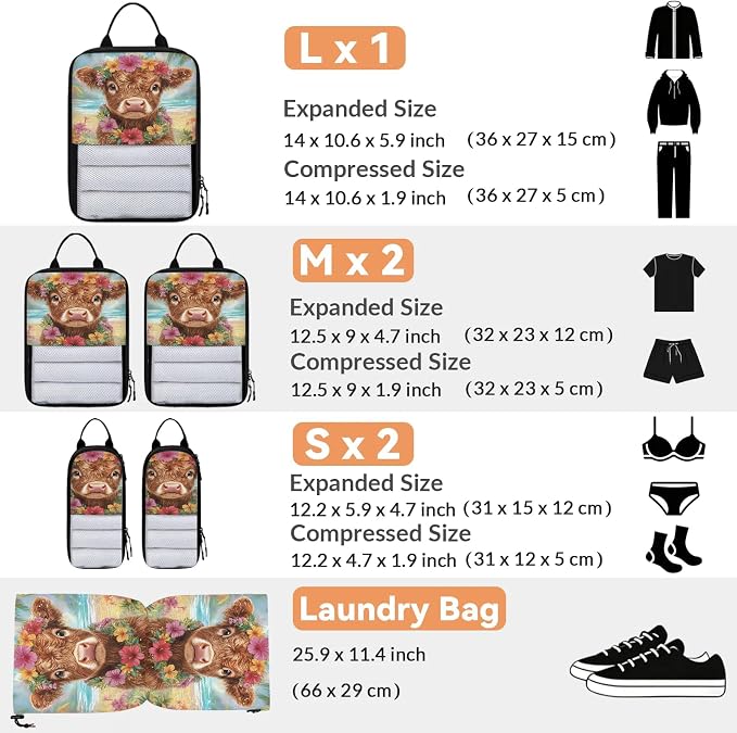 Funny Highland Cow 6 Set Compression Packing Cubes Rustic Farmhouse Bull Animal Expandable Packing Organizer for Travel Accessories Luggage Suitcase Bag