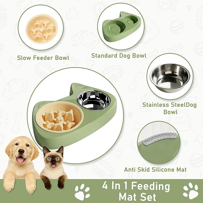 4 in 1 Slow Feeder Dog Bowls, Anti-Choking Dog Bowl Set with Non-Slip Silicone Mat, Slow Feeder Bowl, Stainless Steel Water Bowl, Standard Bowl for Small Medium Dogs Cats Puppies