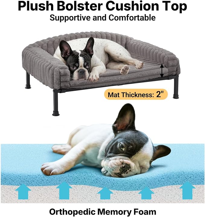 Veehoo Elevated Dog Bed with Bolster Cushion, Fluffy Plush Dog Couch Beds for Small Dogs, Cats, Washable Raised Pet Cot with Non-Slip Feet for Indoor or Patios Use, 36 x 28 Inches, Grey