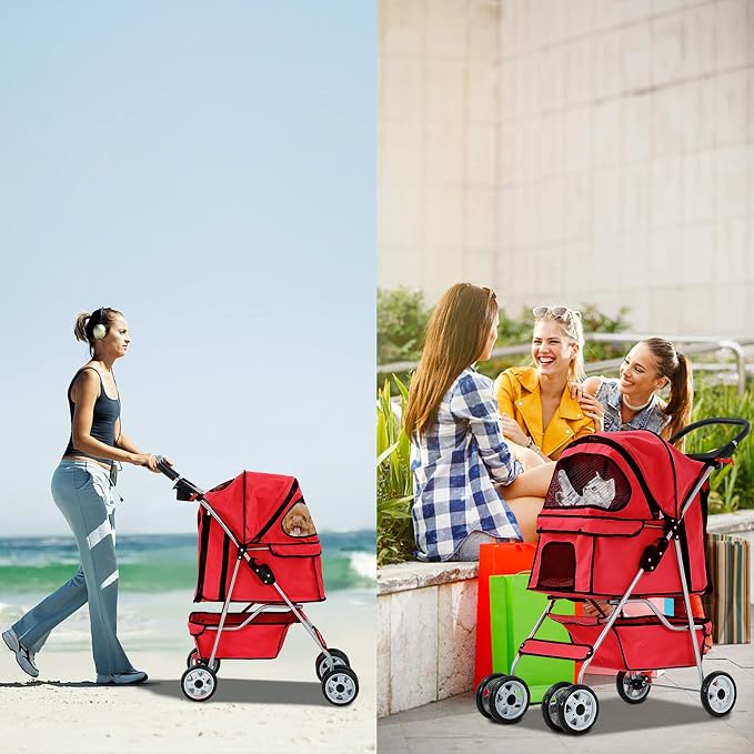 Best 4 Wheels Pet Stroller for Dog Cat, Lightweight and Foldable Pet Jogger Stroller, Carrier Strolling Cart W/Cup Holders Removable Liner for Small and Medium Dog Cat or Pet - Red
