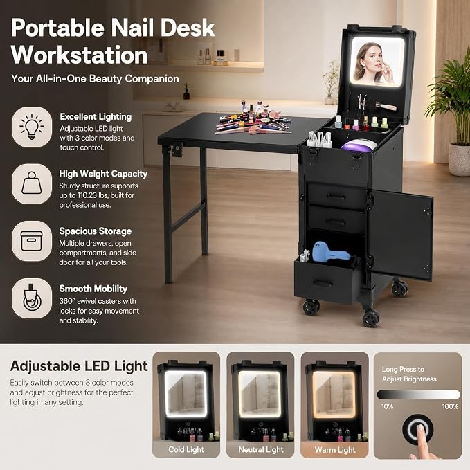 Rolling Makeup Case with 3 Drawers, Portable Manicure Table Lockable Makeup Train Case with Foldable Portable Nail Desk Cosmetic Travel Case with LED Light & Key for Hair Barbers/Stylists