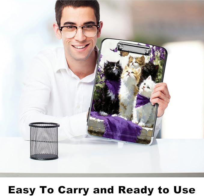 A4 Clipboard with Storage Pen Holder, Clipboards Organizer Nursing Clipboard Foldable File Folder Plastic Clipboard Folio Clip Board for Office Work Classroom Doctor, Lavender Cat