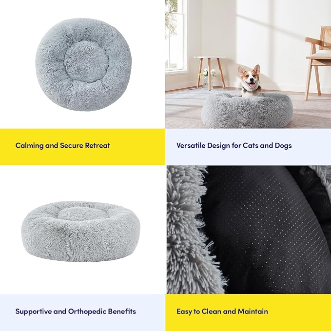 Dog & Cat Bed: Round Faux Fur Pet Bed - Plush, Cozy, & Calming Donut Bed for Large Pets - Soft & Comfortable Sleeping Cushion for Napping & Lounging, 30" Round, Silver