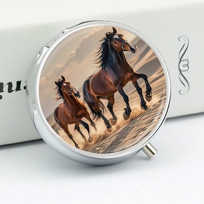 3 Compartment Medicine Pill Case, Horses Running in The Sand Round Pill Box, Portable Decorative Medicine Organizer for Pocket Or Purse Vitamin Organize