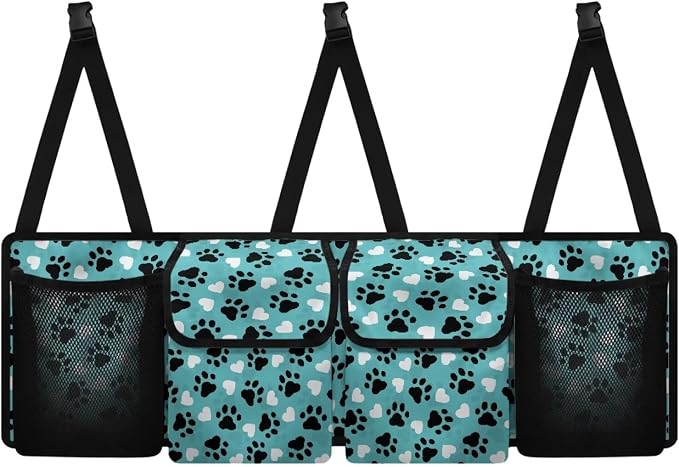 Dog Paw Car Trunk Organizer Hanging Multipurpose Auto Backseat Storage Bag Universal Automotive Interior Accessories with 4 Pockets 3 Adjustable Straps