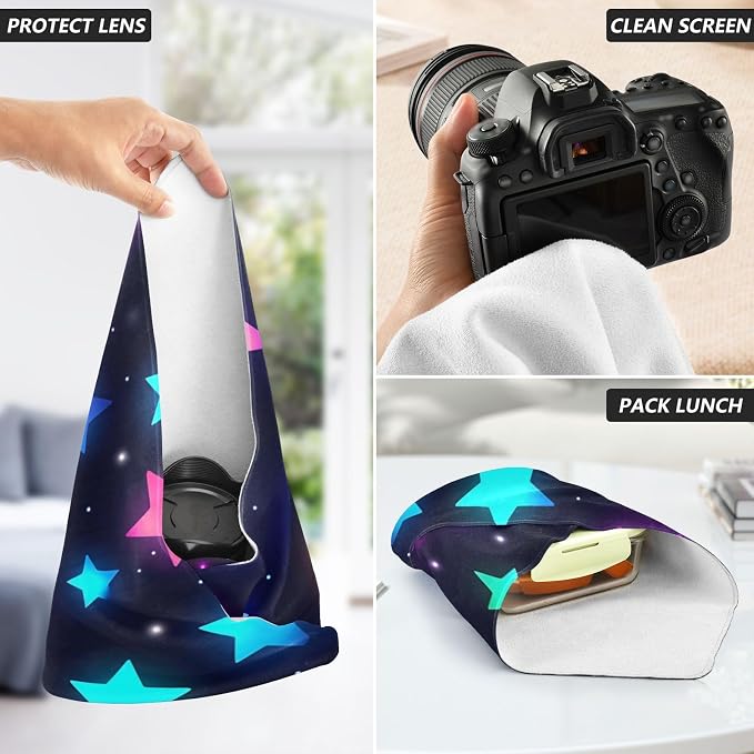 JIPONI Neon Stars Makeup Bag, Self-Adhesive Magic Wrap Cloth, Portable Cosmetic Organizer, Camera Lens Protector, Travel Storage for Beauty Essentials, 13.8"x13.8"