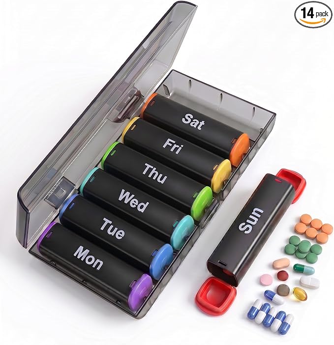 CAidRE 7 Day AM PM Weekly Pill Organizer - 2 Times a Day Large Travel Box | Holds Large Fish Oils, Removable Daily Pods for Travel, Soft Easy-Open Lids for Seniors, Durable Water-Resistant Case, Black