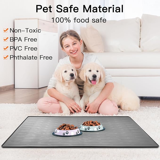 39.4"x29.5" Large Pet Food Mat, Silicone Dog Mats for Food and Water, Nonslip Pet Feeding Mats for Floors,Dog Cat Bowl Mat with Raised Edges, Light Gray