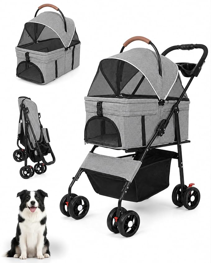 Pet Stroller, 3 in1 Foldable Dog Cat Stroller with Detachable Carrier-Gray | 35lbs Lightweight Foldable Dog Stroller, All-Terrain 4 Wheels, Compact Travel Pet Stroller for Small to Medium Pets