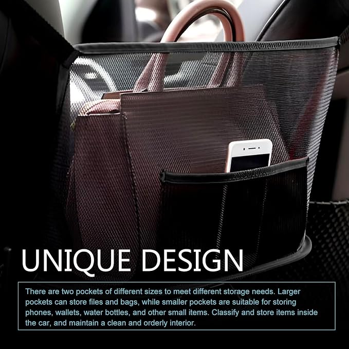 Car Net Pocket Handbag Holder, Cars Purse Holder Between Front Seats, Large Capacity Auto Net Pocket Storage Bag, Rear Seat Pet and Child Barrier, Universal for Vehicle, SUV, Sedan