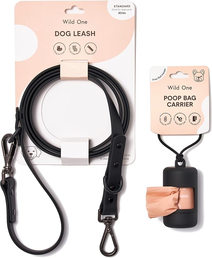 Wild One Nylon Adjustable Length Leash 5.5 Feet and Poop Bag Carrier Set, Waterproof, Odor Resistant, Black