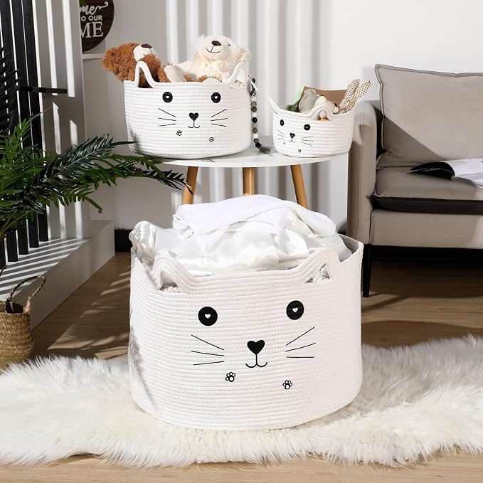 Zopeal Cat Storage Basket Woven Organizer with Ears Decorative Gift Cute Cotton Rope Pet Toy Basket for Gift Cat Dog Toy Bin Nursery Room(21.7 x 13.8 Inch,White)