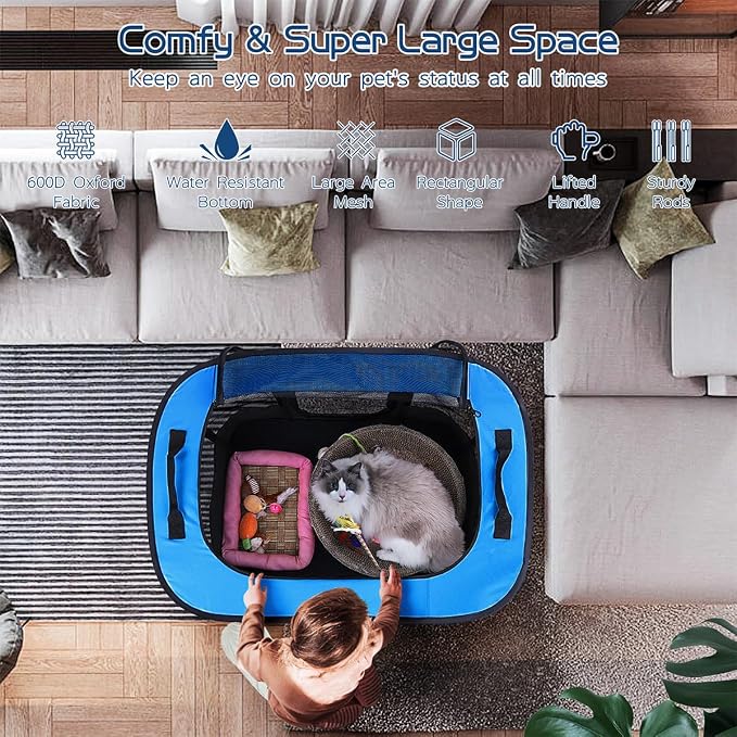 ROMANTIC BEAR Dog Playpen,Foldable Pet Puppy Cat Playpen,L(40"x32"x24") | Dog Crate with Upgrade Breathable Mesh and Durable 600D Oxford Cloth,Sturdy Dog Cage Indoor & Outdoor for Small Animals,Blue
