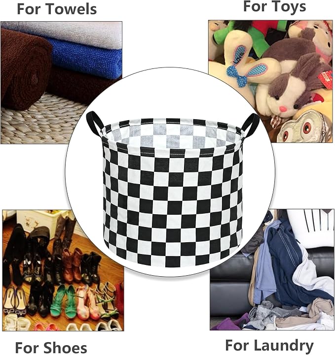 3 Pack Checkered Storage Baskets with Leather Handles, Foldable Fabric Toy Storage Bins with Waterproof Lining, Large Round Laundry Hamper for Kids Room, Nursery, Bedroom, Playroom Organization