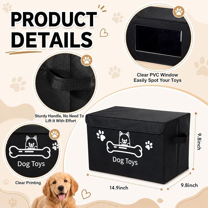 Novabright Dog Toy Basket with Lid Foldable Dog Toy Storage Bin with Clear Window Large Pet Storage Box with Handles for Pet Essentials Organization, 14.9 x 9.8 x 9.8 Inch(Black)