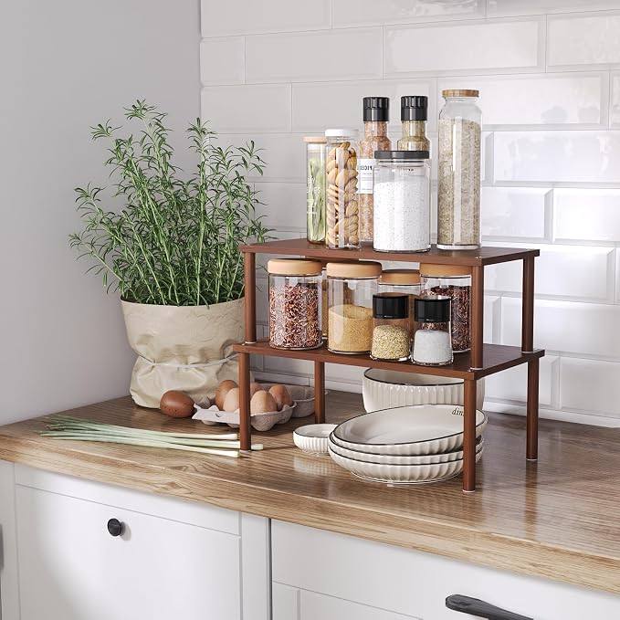 VERTORGAN 2 Pack Cabinet Organizer Shelf,Bamboo Countertop(Large,Brown) | Kitchen Counter Shelves,Spice Rack Countertop and Cabinet,Cabinet Storage,Counter Organizer,Stackable Shelves