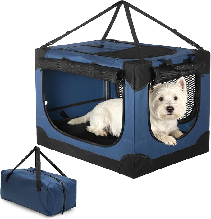 24 inch Small Dog Crate - for Small Dogs, Portable Travel Pet Crate with 4 Mesh Doors, Foldable Car Kennel for Puppy with Handle for Indoor and Outdoor, Bule