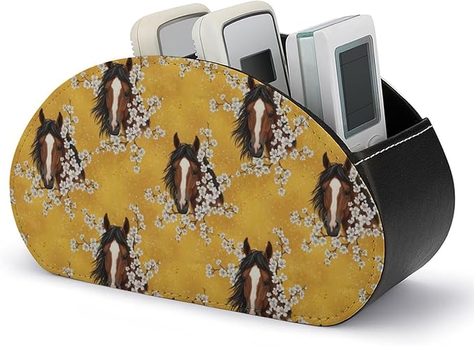 TV Remote Control Holders Horse Flower Yellow Office Desktop Storage Cup | 5 Compartments, Pu Leather, Horse Flower Yellow, Media Controllers Supplies Makeup Brush