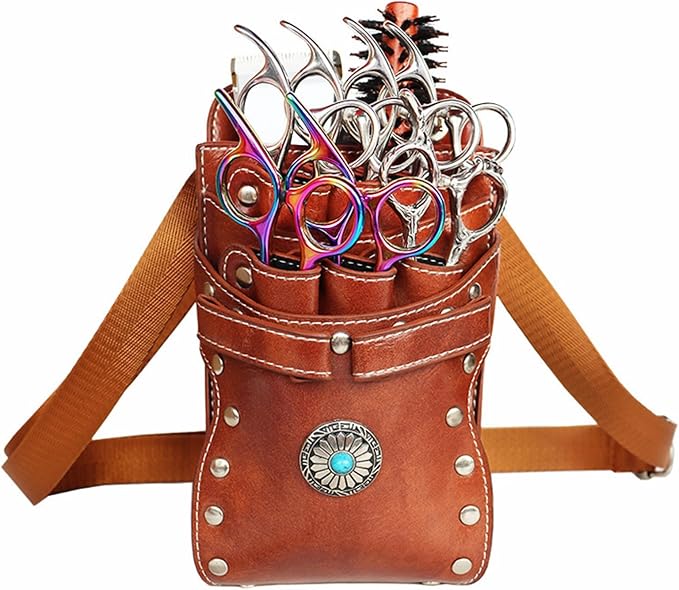 Hairstylist Waist Bag, 7-Slot PU Leather Barber Scissors Tool Bag Shear Holder, Detachable Hair Cutting Organizer for Combs, Clippers, and Spray Bottles (Coffee)