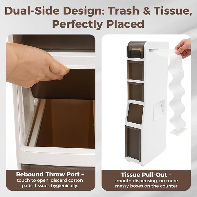Slim Bathroom Storage Cabinet with Trash Can, Narrow Movable Waterproof Bathroom Floor Cabinet with Toilet Paper Holder for Bathrooms Toilet (15.1 * 6.9 * 37.8in)