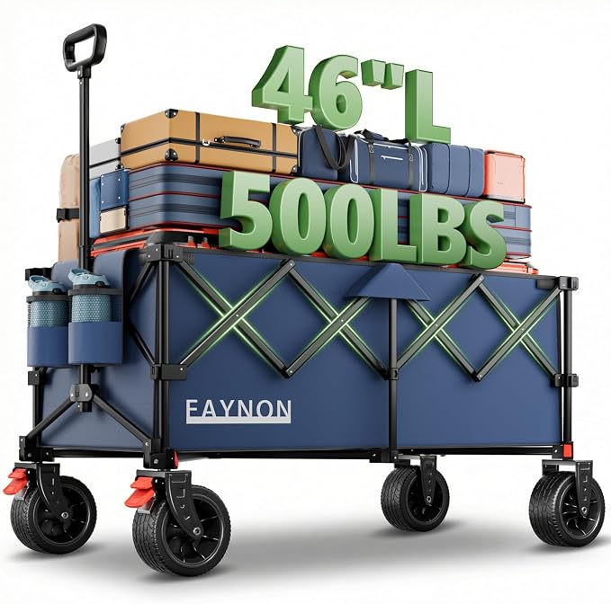 46" L Collapsible Foldable Extended Wagon, 500LB Weight Capacity with 280L Heavy Duty Folding Cart,Utility Wagon with All-Terrain Beach Wheel & Drink Holders,Blue