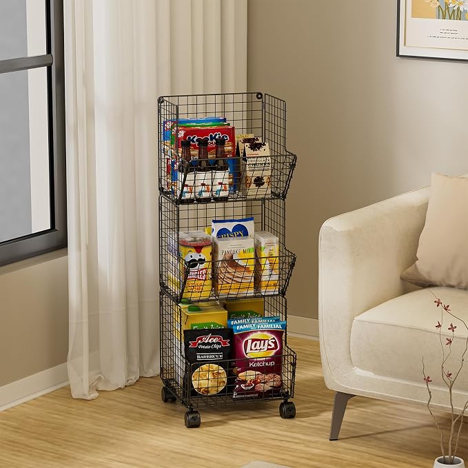 Sonyabecca 3 Tier Rolling Toy Organizer Cart with Wheels for Toy Storage | Outdoor toy storage basket and play kitchen organizer. Multi-purpose cart for snacks, books, pet supplies and home storage