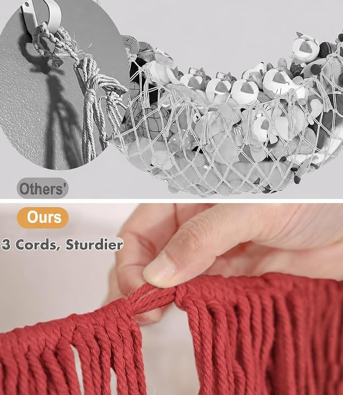 Stuffed Animal Hammock - Extra Large 63'' Long (Red) | Premium Cotton Hand-knitted, Beautiful Long Tassel, Storage Hanging Organizer, Can Fit Stuffed Animals 40 Piece or More