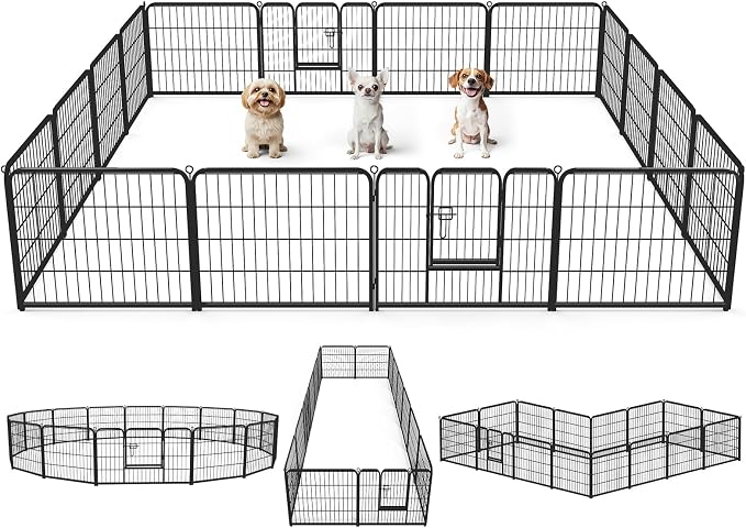 DUMOS Dog Playpen 24 Inch 16 Panels Indoor Outdoor Metal Pet Fence | Foldable Dog Play Pen with Door, Portable Exercise, RV Camping, Puppy Small Dogs