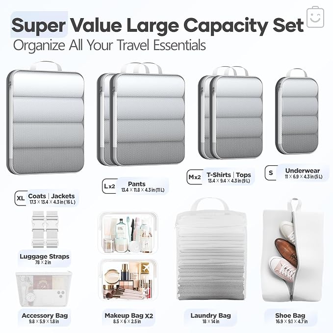 1/2/6/8/9/10/11 Set Compression Packing Cubes Garment Bags Garment Bag for Travel Essentials,White