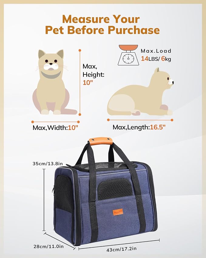 Morpilot Cat Carrier Soft for Large Medium Cats and Puppy up to 18lbs | with Dual-Sided Cushion, Secure Buckle and Foldable Bowl, Dog Carriers for Small Dogs - Pet Carrier (Dark Blue)