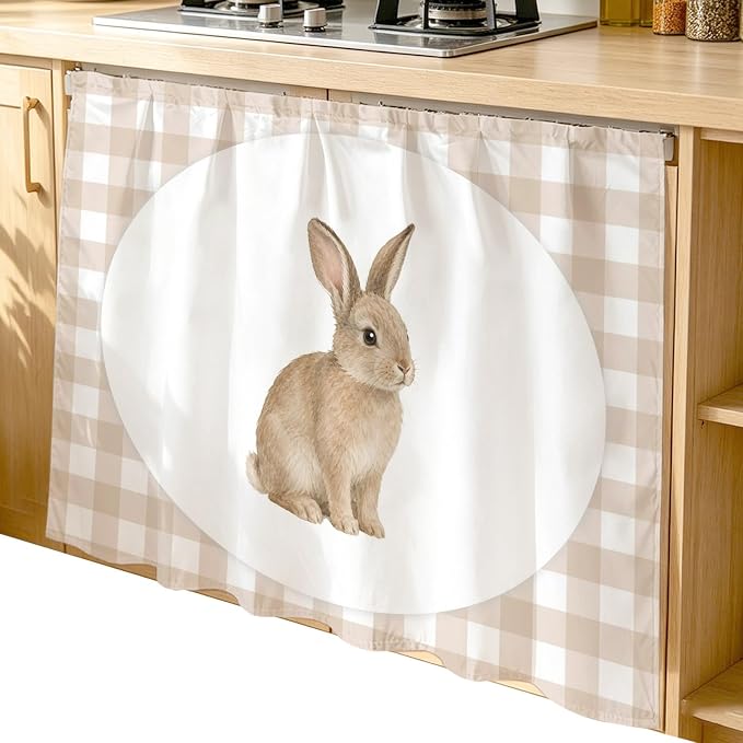 Rabbit Plaid Cabinet Dishwasher Hidden Curtains, Privacy Closet Door Curtain, Modern Farmhouse Checkered Rustic Animal Adhesive Dust Proof Under Sink Skirt for Bathroom Kitchen 35"x35"