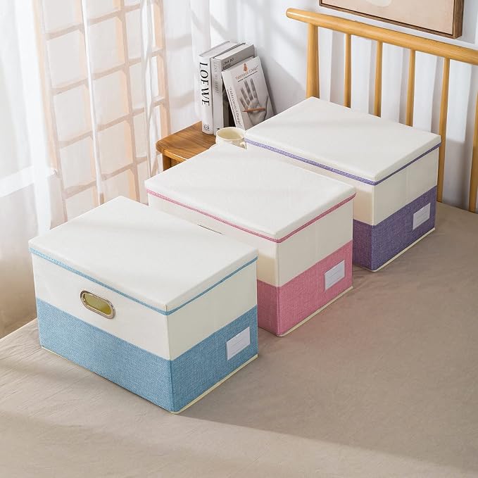 Collapsible Storage Bin with Lid [3-Pack] Fabric Foldable Storage Box Organizer Container Basket Cube with Cover for Home Bedroom Closet Office Nursery Blue&Cream(14.9x9.8x9.8)
