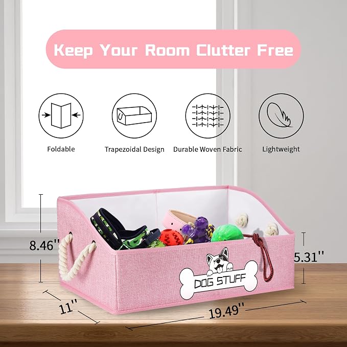 Dog Toy Basket, Storage Bin, Collapsible Box for Pet Accessories | Fabric Container With Handle, Trapezoid Holder for Small Medium dogs, Organizer for Living Room, Pink
