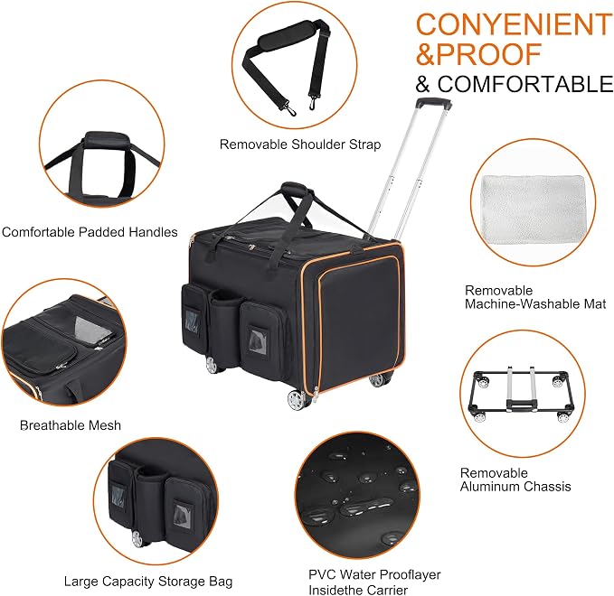 2 in 1 Collapsible Travel Dog Crate for Medium Large Dogs, Rolling Pet Carrier with Wheels, 3-Door Portable Folding Pet Kennel with Mesh Windows, Indoor Outdoor Travel Use (24" Black)