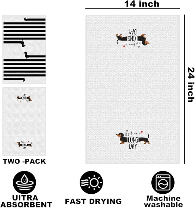 2 Pcs Dachshund Kitchen Towels 24x14 Inch, Wiener Dog Reusable Dish Towels for Kitchen Bathroom Decor, Wiener Dog Gifts Waffle Weave Hand Cloth Tea Towel, Dachshund Gifts for Women Mom Friend