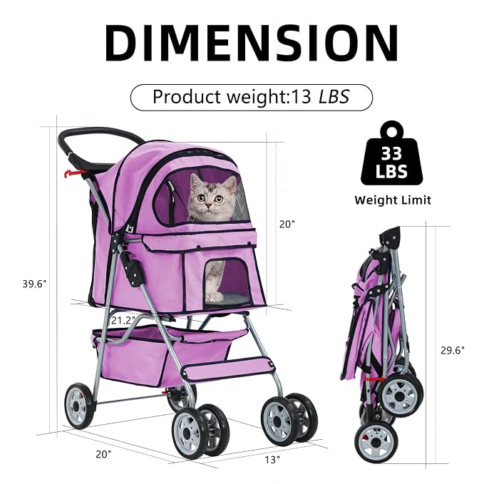 Dog Cat Stroller 4-Wheel pet Running cart, Foldable Waterproof pet Stroller with Cup Holder and Removable Lining, Suitable for Small Pets Suitable for Small and Medium-Sized pet Accessories (Pink)