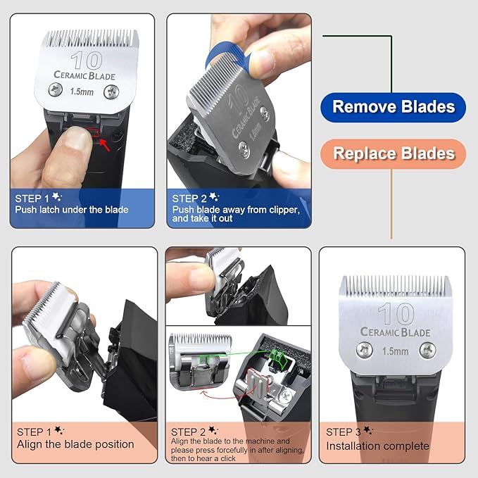 Detachable Pet Dog Clipper Blades, Compatible with Andis Size-7FC Cut Length 1/8"(3.2mm), Most Oster A5, Wahl KM Series Clippers,Made of Ceramic Blade & Stainless Steel Blade