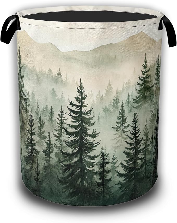 Misty Forest Landscape Laundry Basket,Waterproof Foldable Laundry Hamper,Dirty Clothes Basket, Linen Bin Storage Organizer Collection 16" x 20.8"
