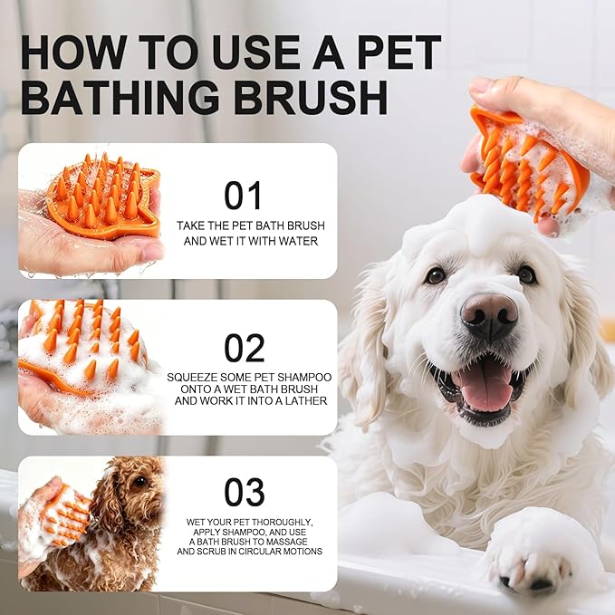 Orange Cat-Shaped Dog Bath Brush Dog Washing Brush Soft TPR Massage Shampoo Brush Pet Grooming Cleaning Tool for Small Medium Dogs and Cats Gentle Remove Loose Hair Deep Cleansing