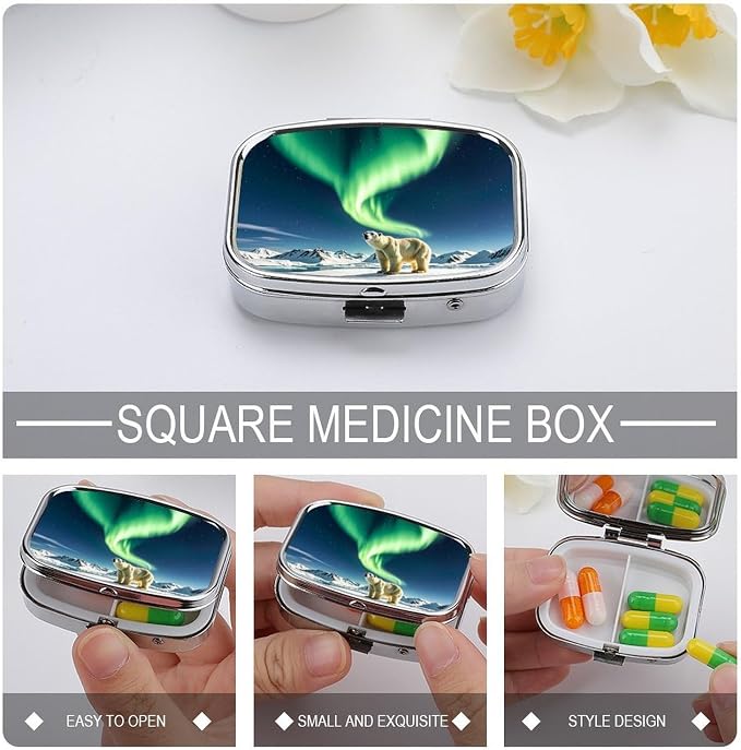 Northern Lights Polar Bear Pill Box 2 Compartment Medicine Pill Case Portable Pill Organizer for Pocket Or Purse Decorative Metal Medicine Vitamin Organizer
